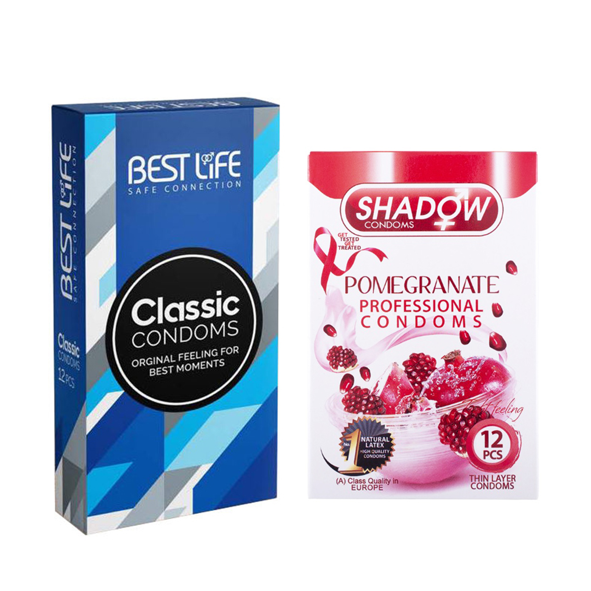 کاندوم بست لایف مدل Classic بسته 12 عددی به همراه کاندوم شادو مدل Pomegranate بسته 12 عددی