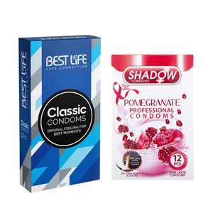 کاندوم بست لایف مدل Classic بسته 12 عددی به همراه کاندوم شادو مدل Pomegranate بسته 12 عددی