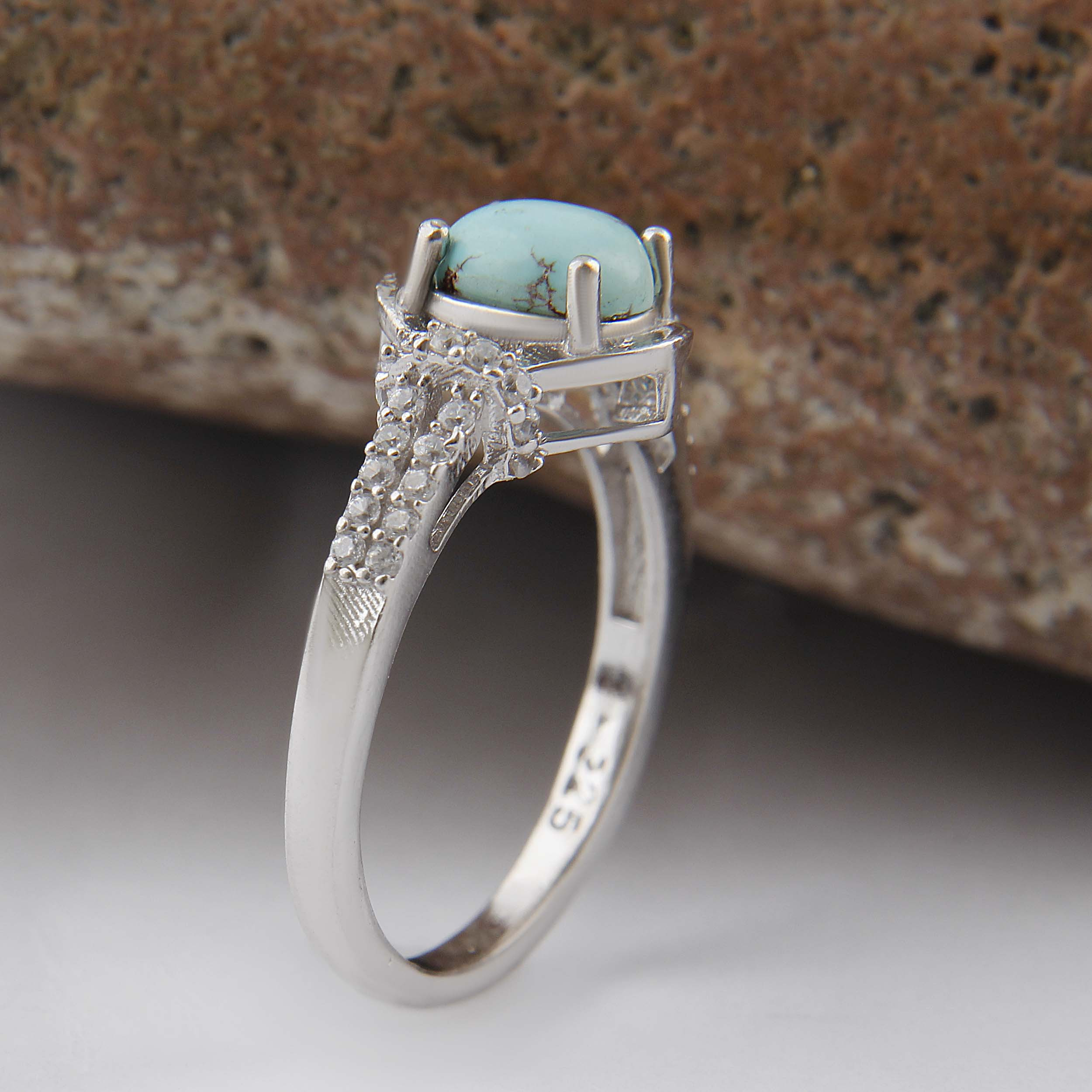 انگشتر نقره زنانه بازرگانی میلادی مدل سنگ فیروزه طبیعی نگین برلیان بدون ریزش آبکاری رادیوم کد AWR_1598