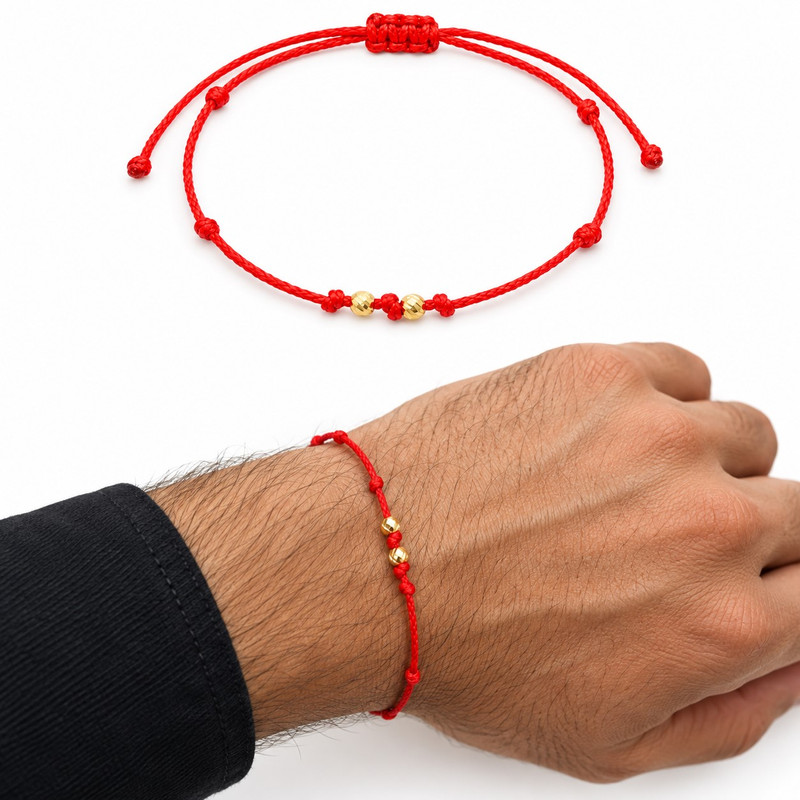 دستبند طلا 18 عیار زنانه با بند نخی گالری تاج آبادی مدل هفت گره و دو گوی T-01