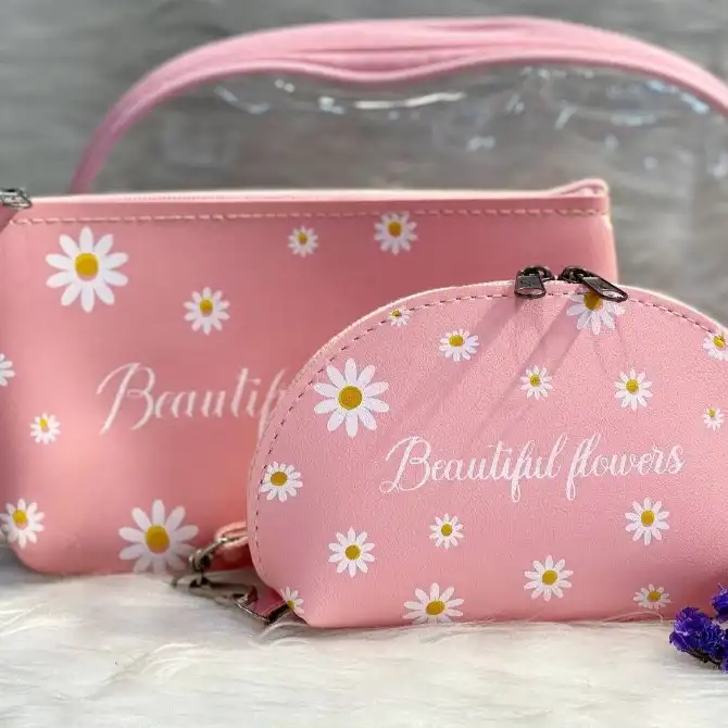 کیف لوازم آرایش زنانه مدل بابونه مجموعه 3 عددی