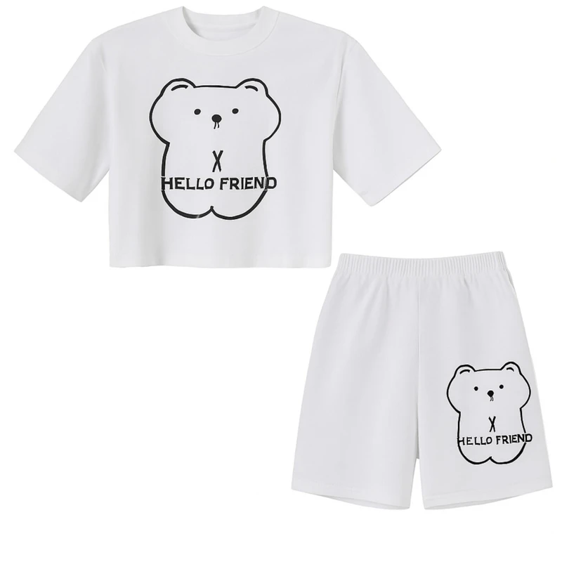 ست کراپ تی شرت آستین کوتاه و شلوارک راحتی زنانه مدل خرسی 7676