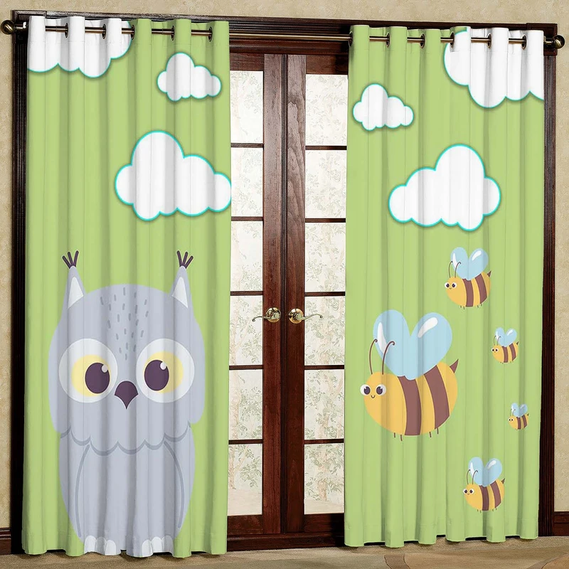 پرده طرح کودک جغد و زنبور مدل مخمل پانچی کد 2_5347 W سایز 140x280 سانتی متر