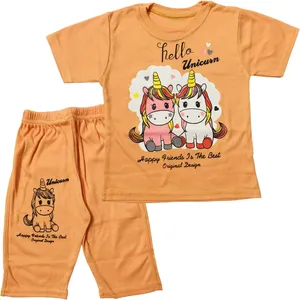 ست تی شرت آستین کوتاه و شلوارک دخترانه طرح یونیکورن مدل A32 کد 0253