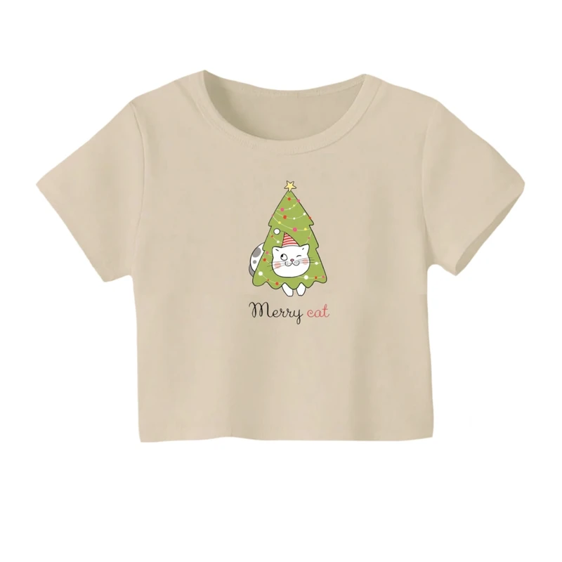 کراپ‌ تی‌شرت آستین کوتاه زنانه مدل گربه کریسمس کد 3