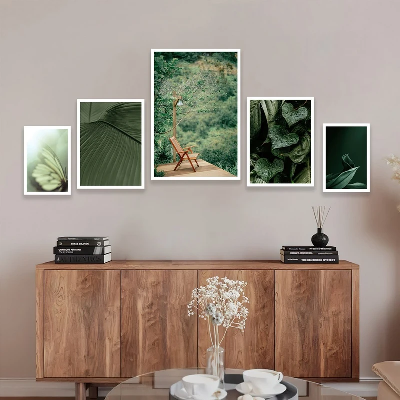 تابلو بکلیت مدل طرح جنگل سرسبز و برگ و پروانه W-1073 مجموعه 5 عددی 