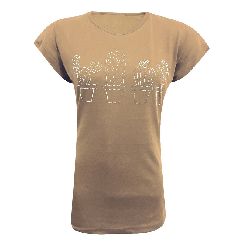 تی شرت آستین کوتاه زنانه مدل کاکتوس نگینی کد tm-2412 رنگ کرم