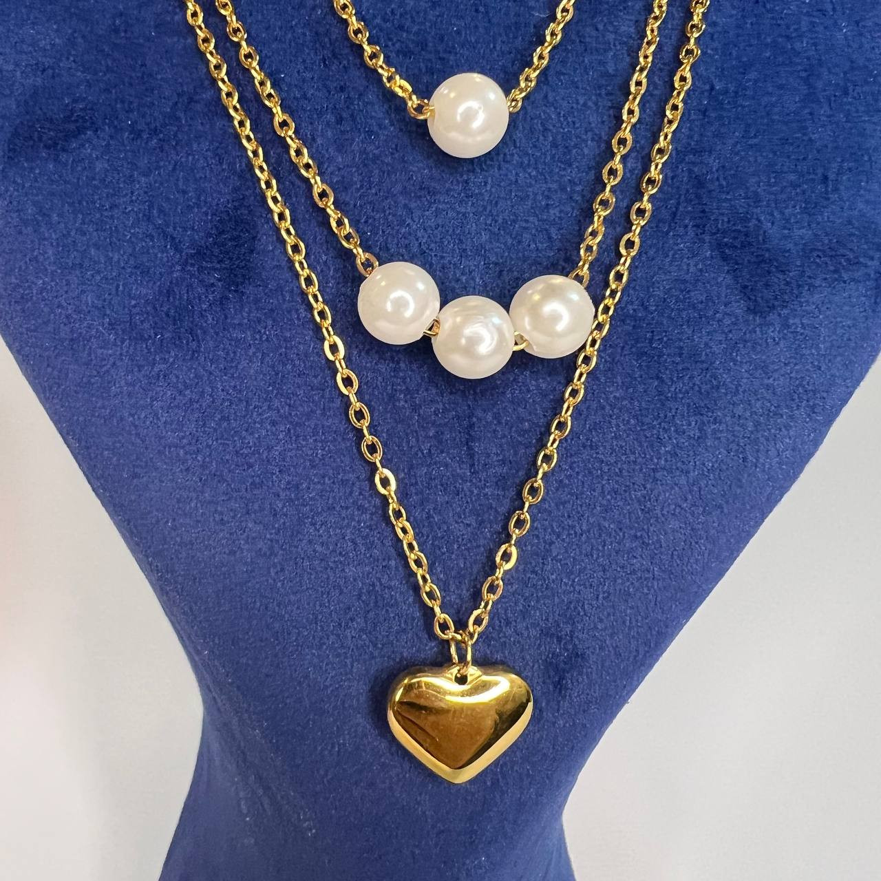 گردنبند زنانه مدل سه لاین قلب و مروارید