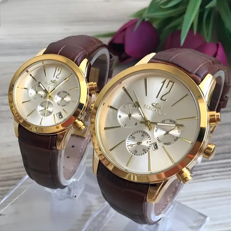 ست ساعت مچی عقربه ای زنانه و مردانه الگانس مدل بند چرمی تک موتوره کد 02