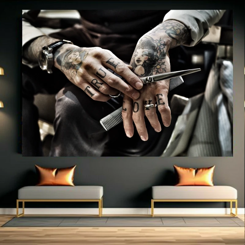 تابلو بوم طرح مخمل آرایشگاه مردانه مدل تتو کد GR1872