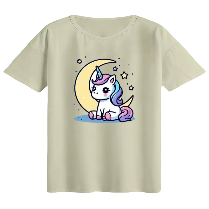 تی‌شرت اورسایز آستین کوتاه زنانه مدل باکسی طرح تک شاخ و ماه