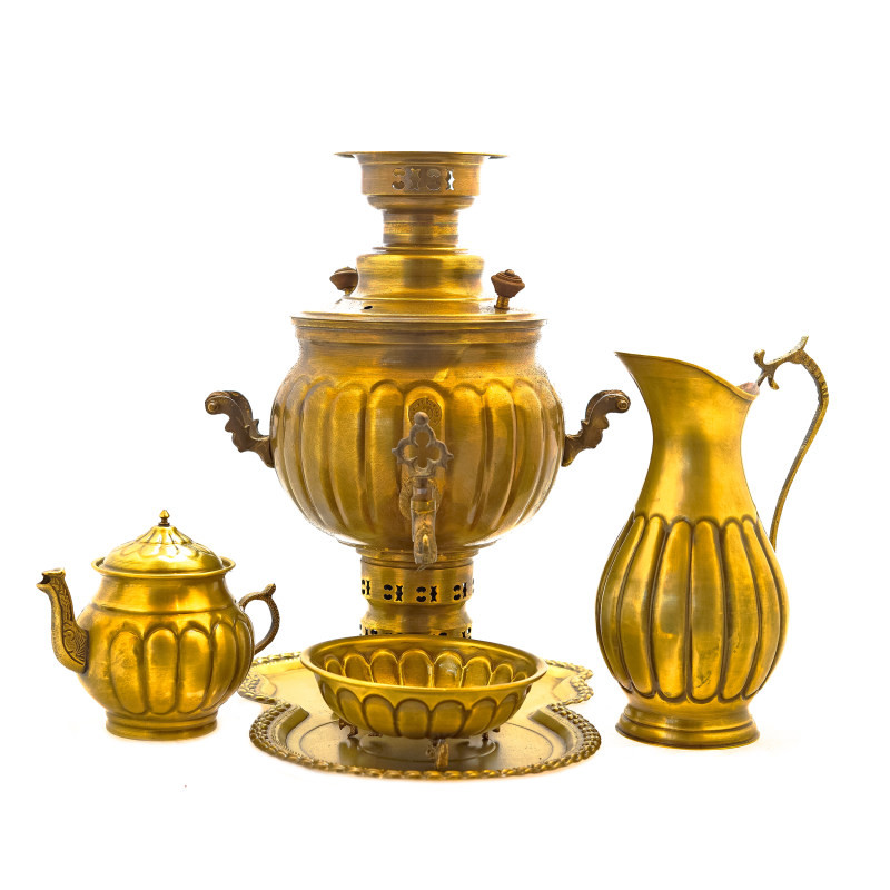 سرویس سماور ذغالی 5 پارچه برنجی مدل توپی کد H-1257