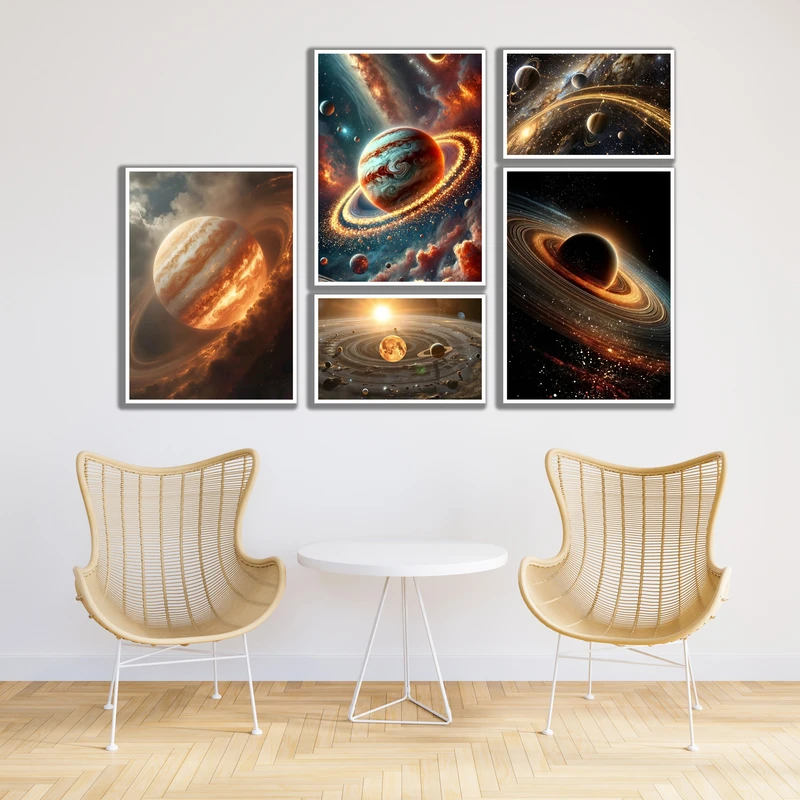 تابلو بکلیت مدل قاب شاسی طرح دکوراتیو کهکشان و منظومه شمسی کد W-MR-1067 مجموعه 5 عددی فریم سفید