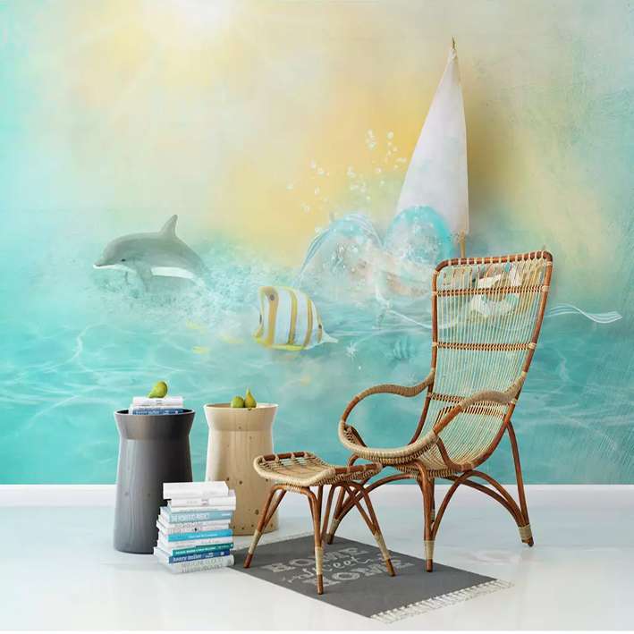 پوستر دیواری اتاق کودک مدل نقاشی دلفین قایق DVRF1601