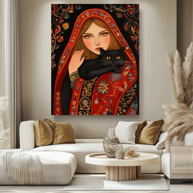 پوستر پارچه ای طرح مخمل نقاشی چهره مدل گربه سیاه کد FP106477