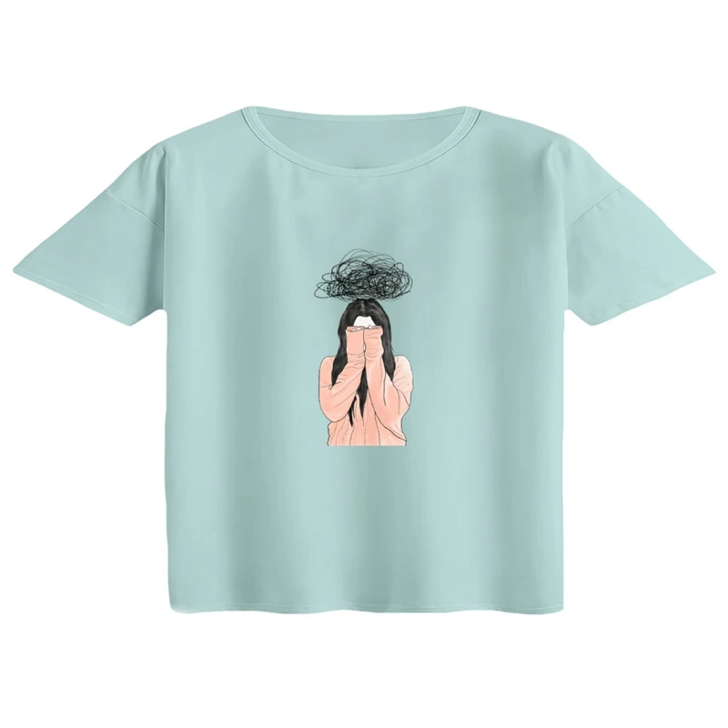 کراپ تی‌شرت آستین کوتاه زنانه مدل ذهن پریشون رنگ آبی روشن