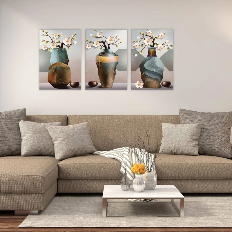 تابلو شاسی بکلیت طرح نقاشی مدرن گلدان و گل مدل SH-1889 مجموعه 3 عددی