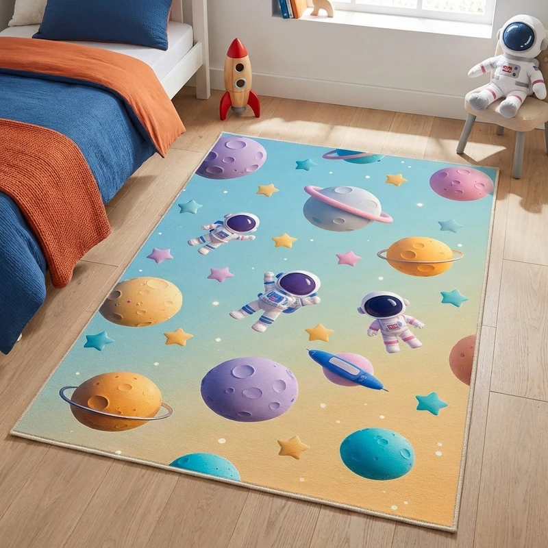 فرش ماشینی 1000 شانه زمینه آبی حاشیه نارنجی مدل اورکوم طرح اتاق کودک کد kids.9003.01
