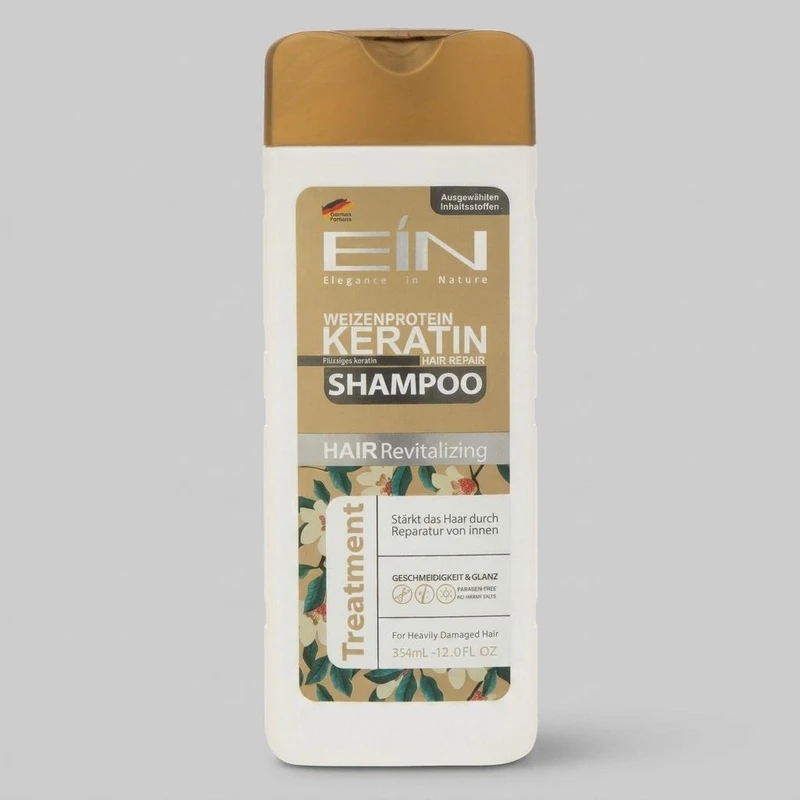 شامپو ترمیم‌کننده و کراتینه موهای آسیب دیده ای آی ان مدل jojoba حجم 354 میلی‌لیتر، حاوی کراتین و پروتئین هیدرولیز شده شیر و گندم، شوینده ملایم، فاقد پارابن، با سیستم ترمیم عمیق مو
