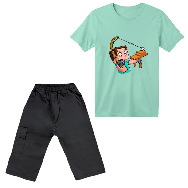 ست تی‌شرت آستین کوتاه و شلوارک پسرانه مدل ماینکرفت کد 09