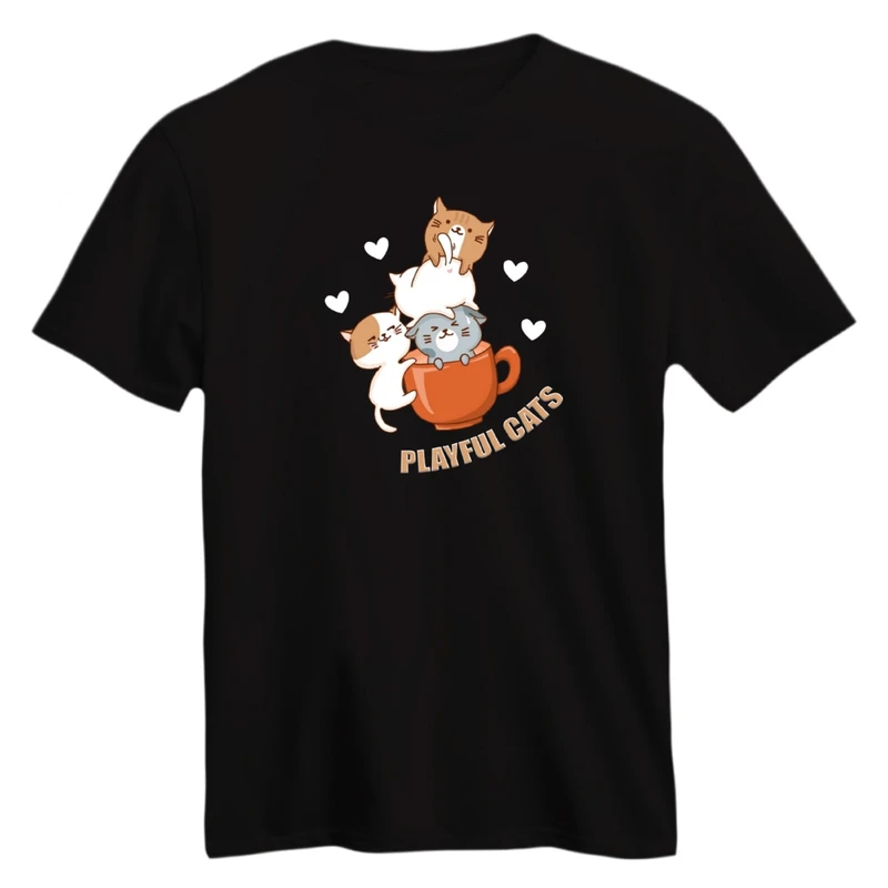 تی شرت آستین کوتاه زنانه مدل گربه های بازیگوش