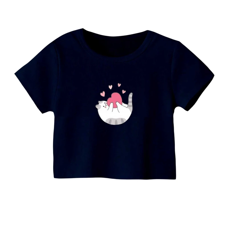 کراپ‌ تی‌شرت آستین کوتاه زنانه مدل گربه و قلب