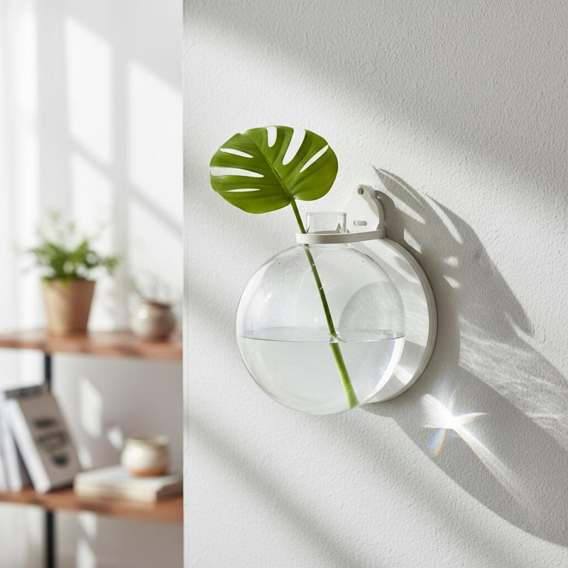 تنگ دیواری گلدان دکوری شیشه‌ای نیم‌دایره قطر 22 سانتی‌متر با گیره پلاستیکی، نصب آسان و قابلیت نگهداری گل رونده و ماهی