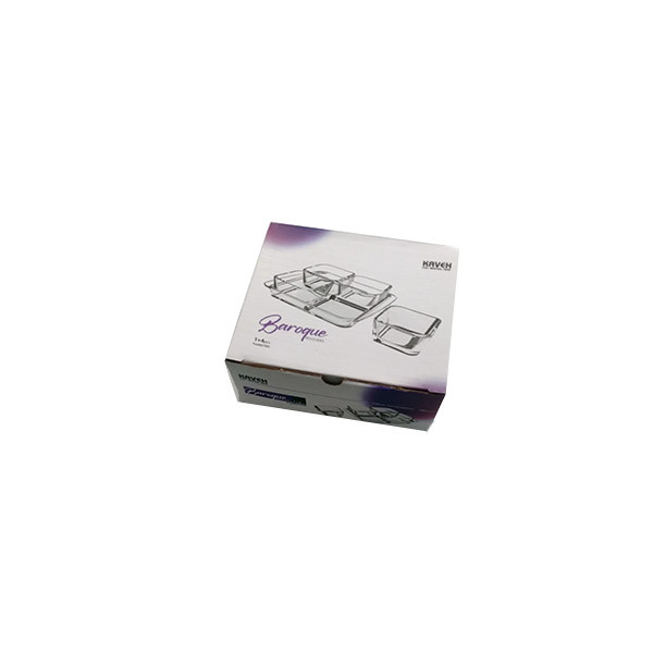 ست اردوخوری بلور کاوه مدل باروک مجموعه 5 عددی کریستال بلور مربع با سینی، ابعاد 14×14×5 سانتی‌متر، مناسب سرو عسل و پنیر و نمک، شستشو با دست