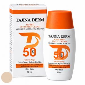 کرم ضد آفتاب رنگی صورت تاجینادرم SPF 50 مدل NATURAL BEIGE محافظ UVA/UVB مناسب برای پوست چرب حجم 50 میلی‌لیتر