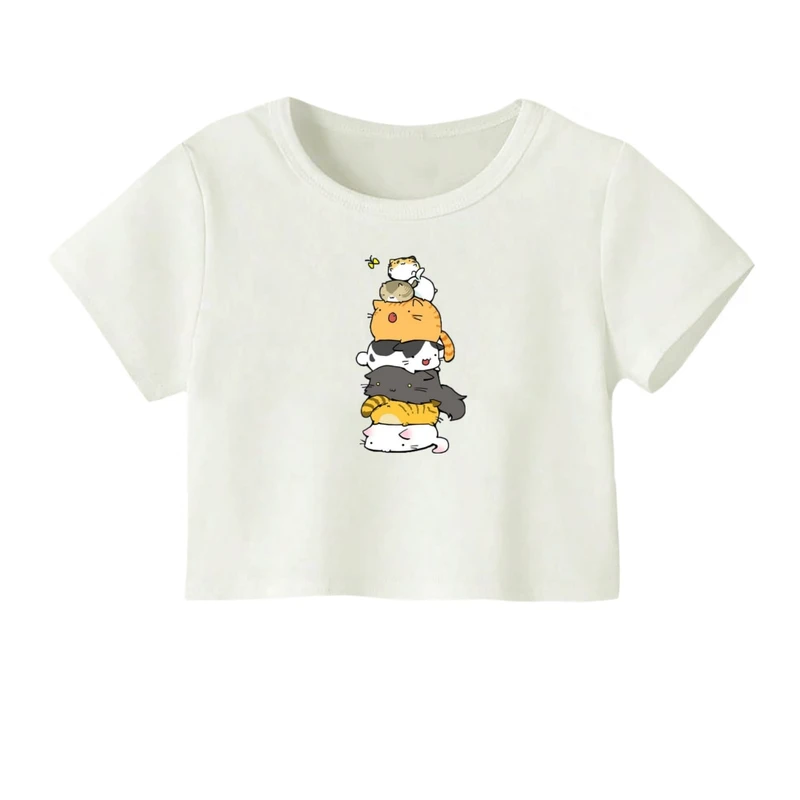 کراپ‌ تی‌شرت آستین کوتاه زنانه مدل گربه بازیگوش