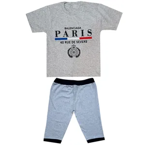ست تی شرت آستین کوتاه و شلوارک پسرانه مدل  Paris کد PS5 رنگ طوسی روشن