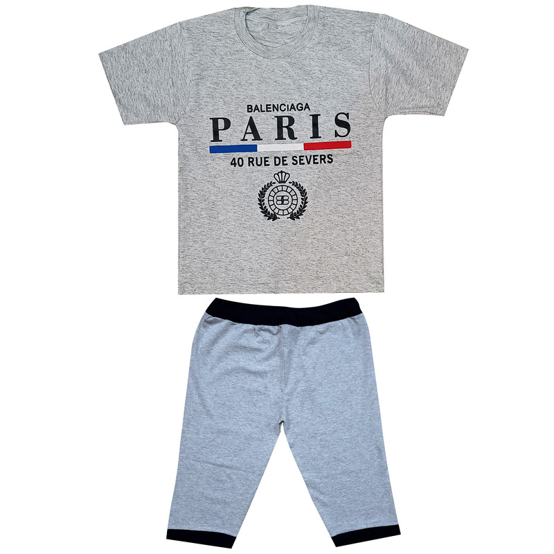 ست تی شرت آستین کوتاه و شلوارک پسرانه مدل Paris کد PS5 رنگ طوسی روشن