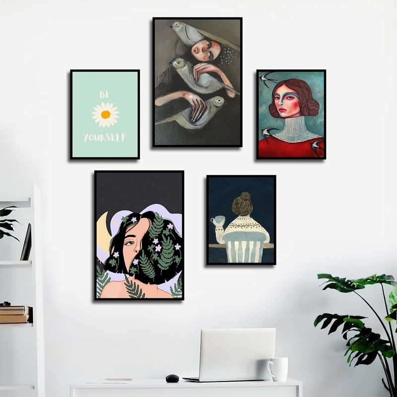 تابلو بکلیت طرح نقاشی سبک کوبیسم مدل شاین اکلیلی B-2345 فریم مشکی مجموعه 5 عددی