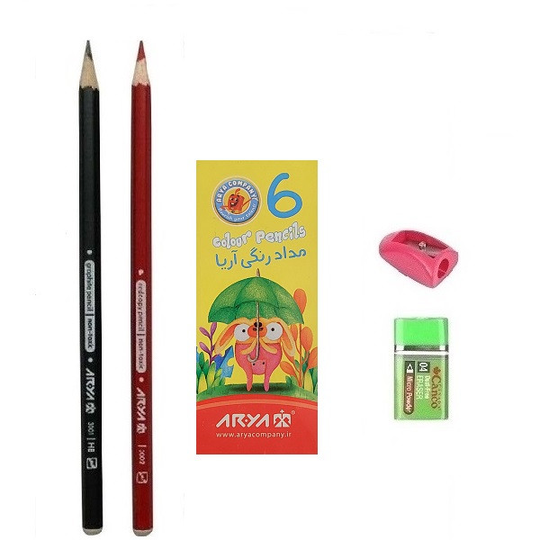 مداد رنگی 6 رنگ آریا  مدل بیکران  به همراه مداد و تراش و پاکن مجموعه 10 عددی