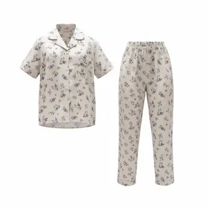 ست شومیز آستین کوتاه و شلوار راحتی زنانه مدل گل بنفشه کد MSH12