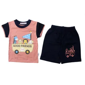 ست تی شرت و شلوارک نوزادی مدل حیوانات کارتونی رنگ کالباسی