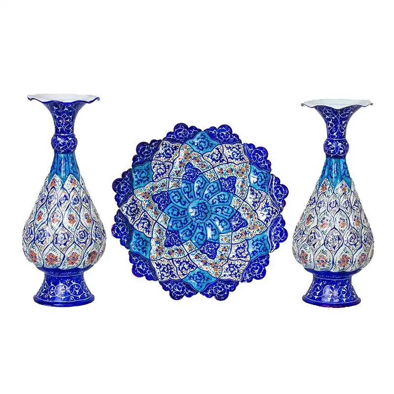 ست گلدان و بشقاب میناکاری مدل JM14-2 مجموعه 3 عددی