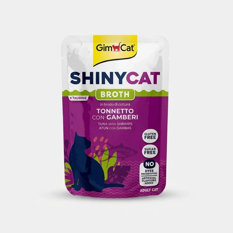 پوچ گربه بالغ جیم کت مدل ShinyCat Broth طعم ماهی تن و میگو وزن 70 گرم