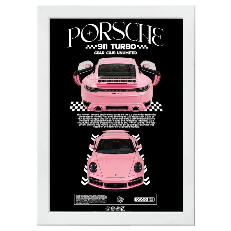 تابلو بکلیت طرح ماشین و خودرو پورشه PORSCHE 911 TURBO مدل W-po1565 فریم سفید