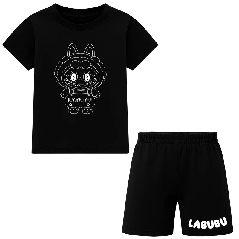 ست تی شرت آستین کوتاه و شلوارک راحتی دخترانه مدل E10 طرح LABUBU