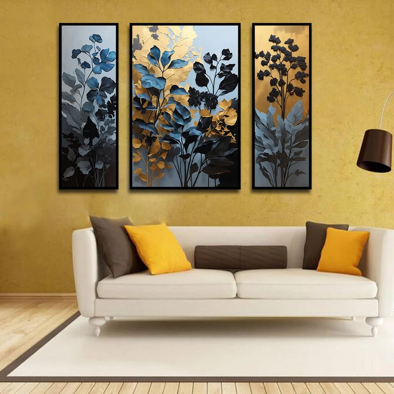 تابلو بکلیت طرح نقاشی مدرن شاخه برگ و گل مدل B-1621 مجموعه 3 عددی