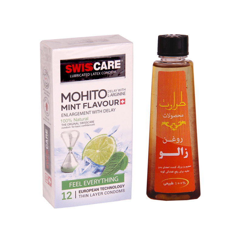 کاندوم سوئیس کر مدل MOHITO بسته 12 عددی به همراه روغن زالو طراوت مدل 09 حجم 50 میلی لیتر کاندوم سوئیس کر مدل MOHITO بسته 12 عددی به همراه روغن زالو طراوت مدل 09 حجم 50 میلی لیتر