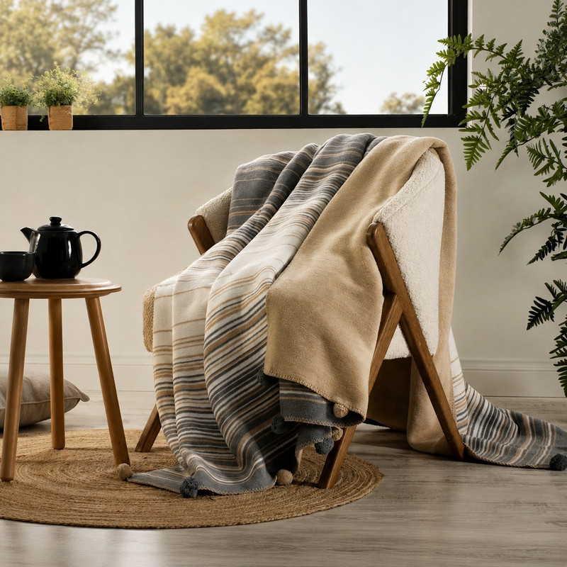 پتو مسافرتی 2 نفره ازدیلک مدل Stripe Ponponlu C.F سایز 180x220 سانتی‌متر