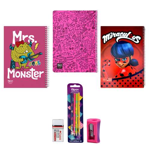  دفتر مشق مدل فانتزی طرح دخترانه به همراه مداد و پاک کن و تراش مجموعه 9 عددی