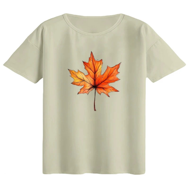 تی‌شرت اورسایز آستین کوتاه زنانه مدل باکسی طرح برگ پاییز