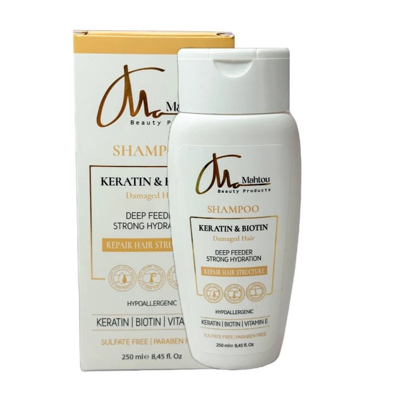 شامپو تقویت کننده و ترمیم کننده مو ماهتو مدل KERATIN & BIOTIN مناسب برای موهای آسیب دیده حجم ۲۵۰ میلی لیتر