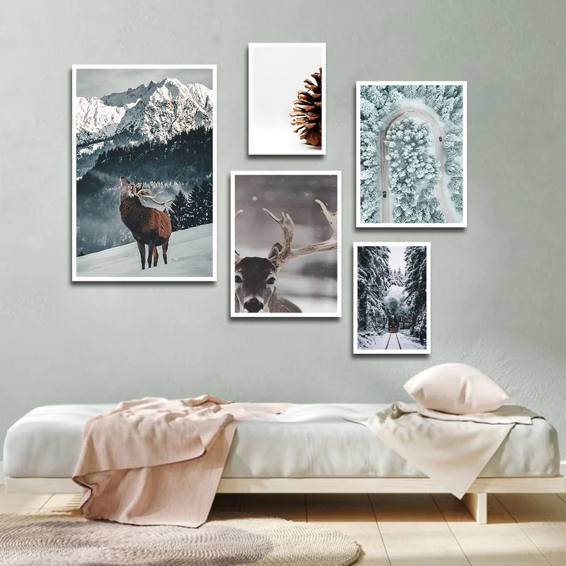 تابلو بکلیت طرح مدرن طبیعت زمستان و گوزن مدل W-1657 مجموعه 5 عددی