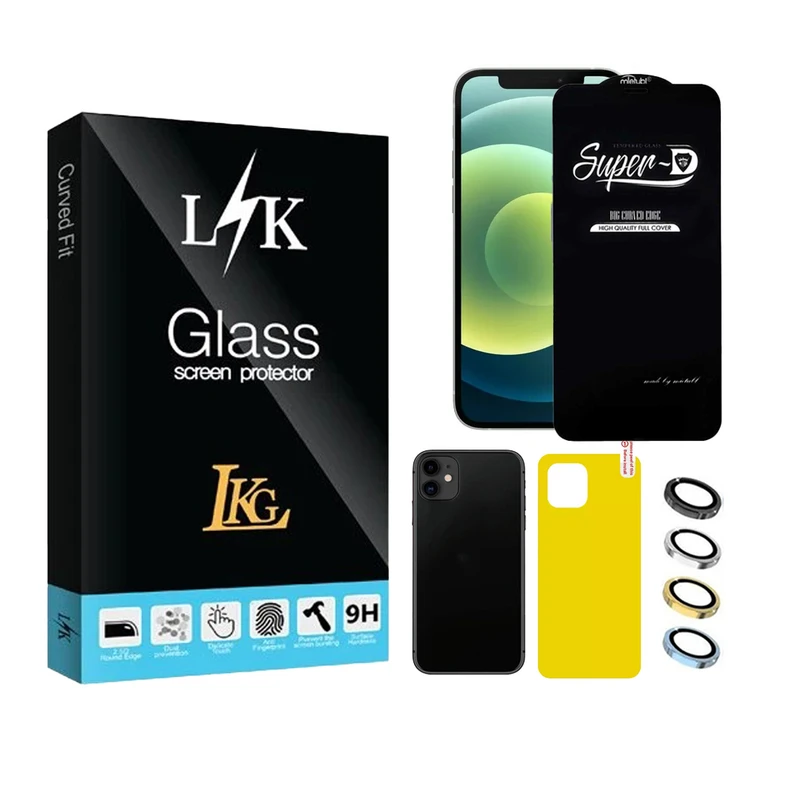 محافظ صفحه نمایش ال کا جی مدل سوپر دی مناسب برای گوشی موبایل اپل iPhone 12 به همراه محافظ پشت گوشی و محافظ لنز