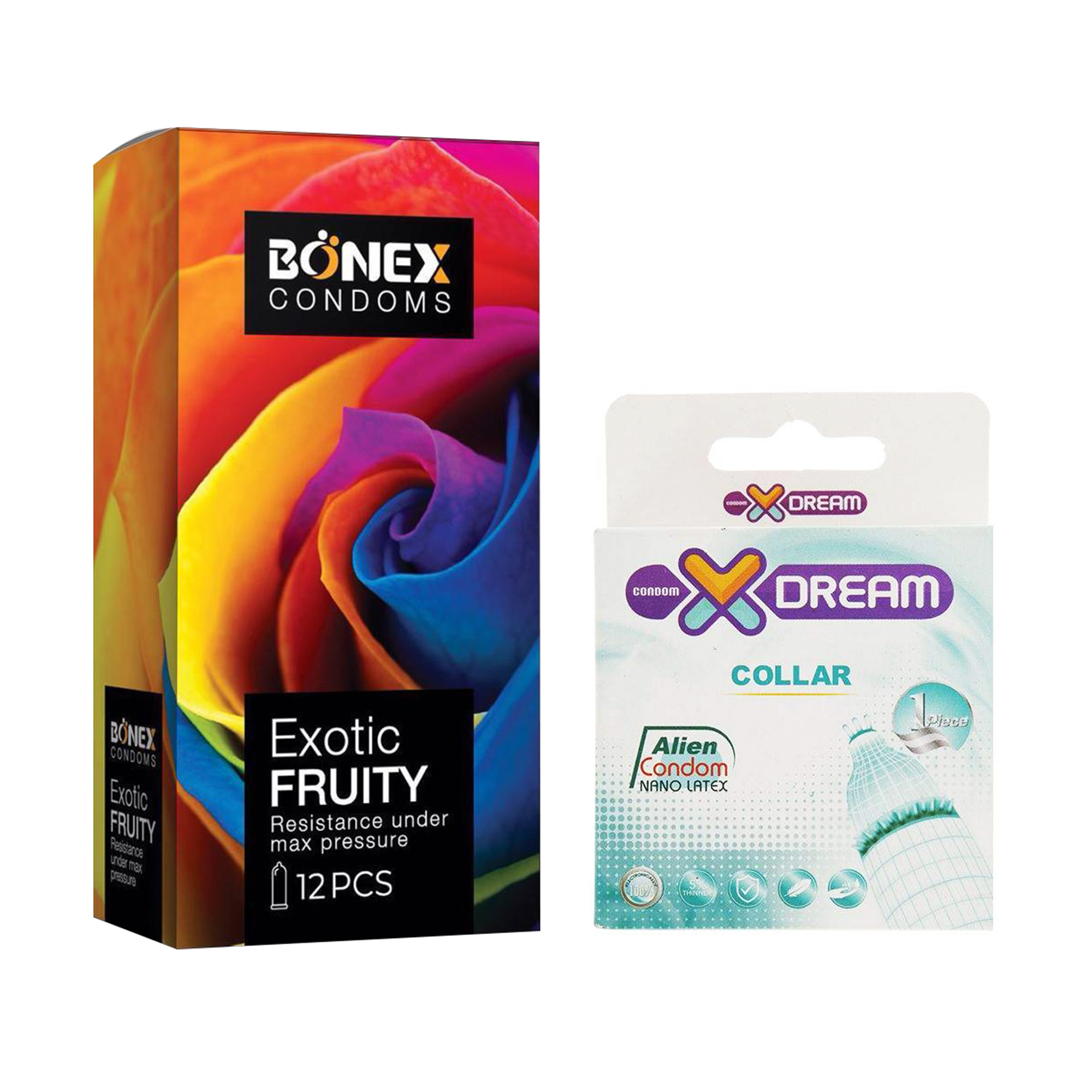 کاندوم بونکس مدل Exotic Fruity بسته 12 عددی به همراه کاندوم ایکس دریم مدل Collar