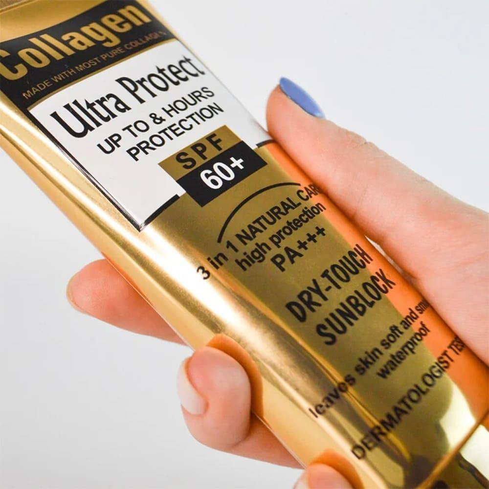 کرم ضد آفتاب بدون رنگ کلاژن، 60 SPF، مدل Ultra Protect، مناسب انواع پوست و حجم 130 میلیلیتر، محافظت کننده در برابر اشعه UVA و UVB، ضد آب، +++ PA، نرم کننده، روشن کننده پوست، مات کننده، با ماندگاری 2 ساعته